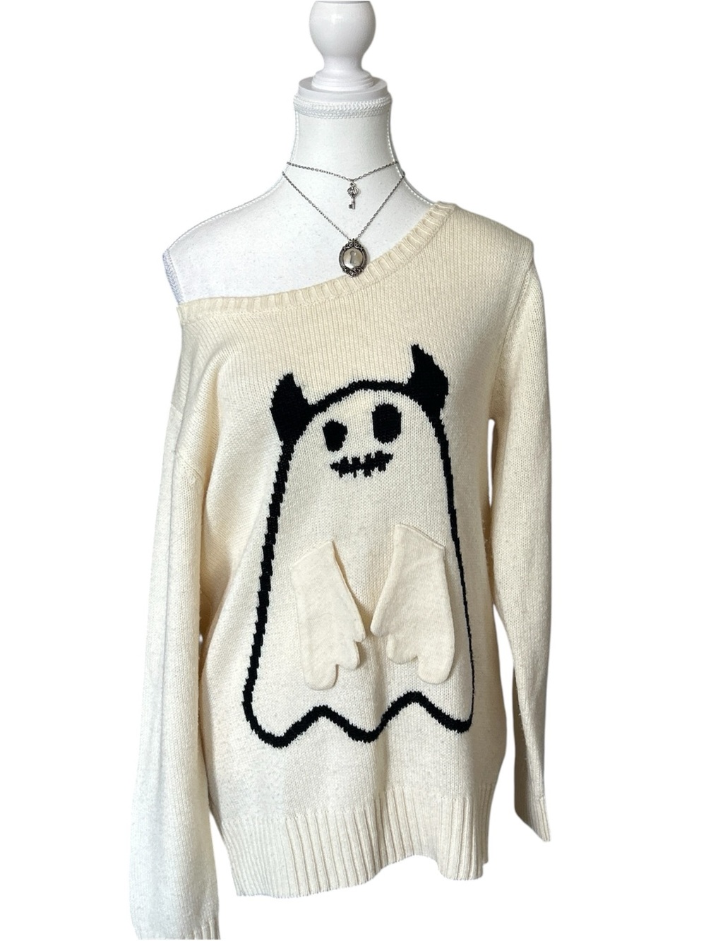 Y2K “Peace Now” Cream Oversized Baggy Style Ghost Embroidered Sweater
